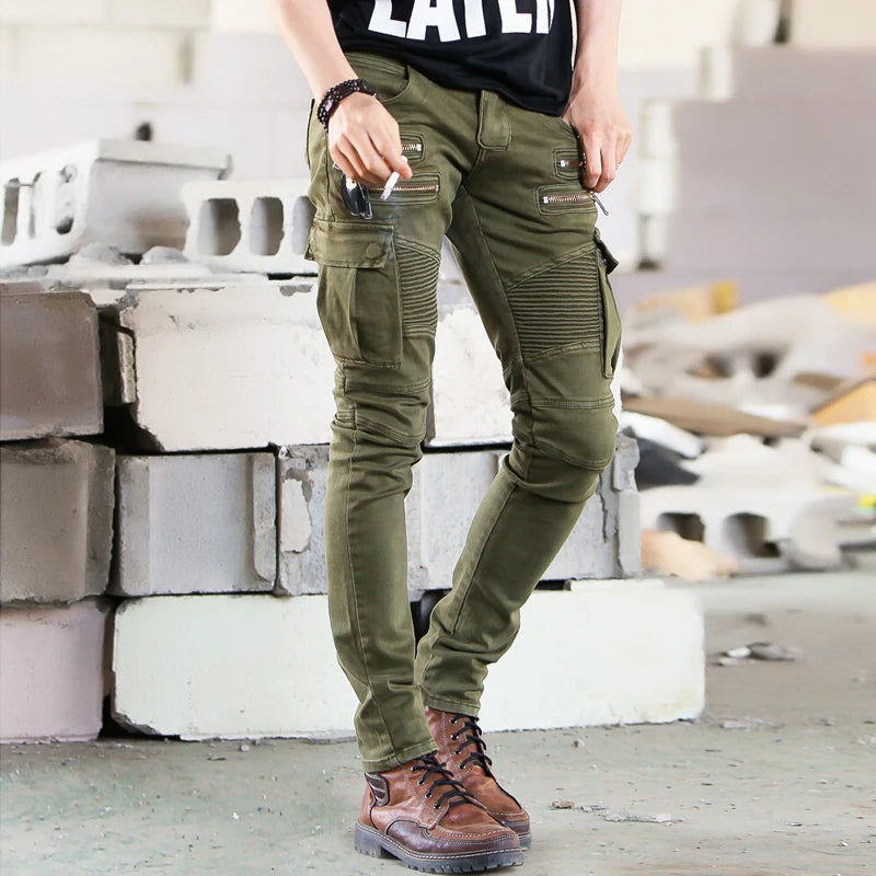 Green Black Denim Biker jeans Men